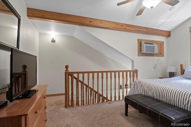 carpeted bedroom featuring lofted ceiling with beams, ceiling fan, and a wall mounted air conditioner