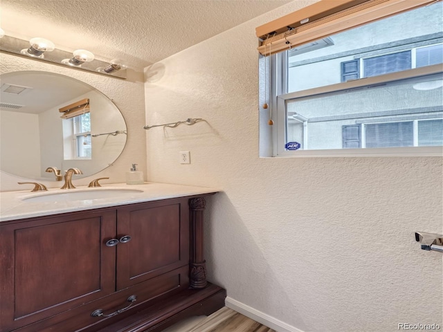 bathroom with wood-type flooring, vanity, and a textured ceiling