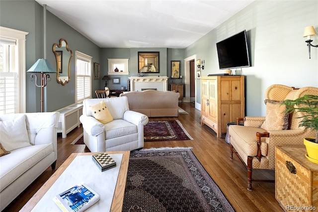 living room with radiator heating unit, a fireplace, and wood finished floors