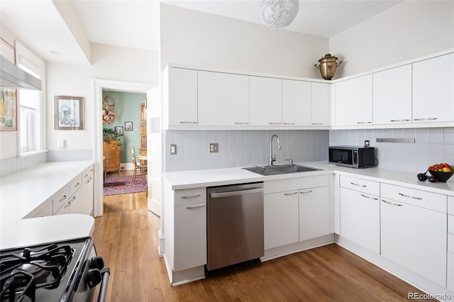 kitchen with light countertops, dishwasher, a sink, and wood finished floors