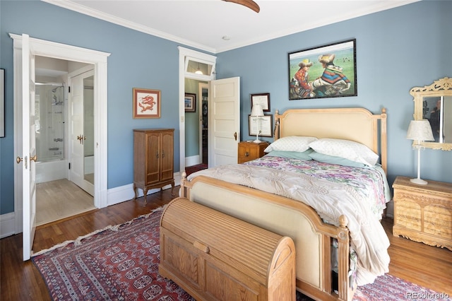 bedroom featuring baseboards, connected bathroom, ceiling fan, ornamental molding, and wood finished floors