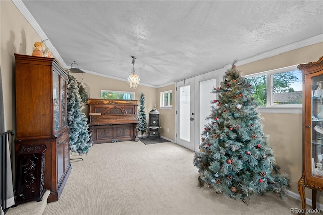 interior space with carpet flooring, crown molding, a textured ceiling, and baseboards