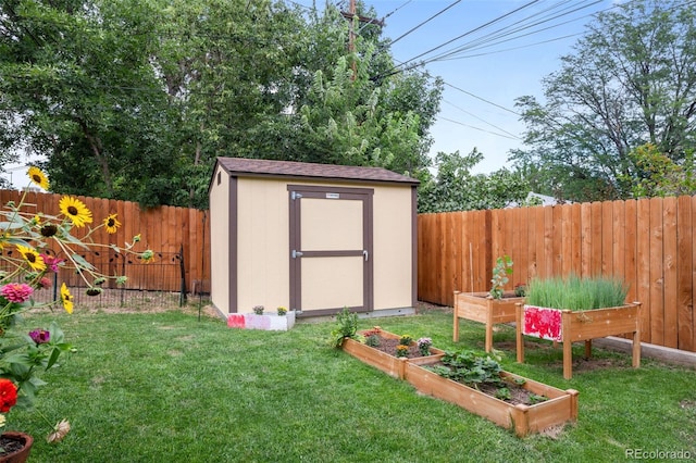 view of shed with a fenced backyard and a vegetable garden