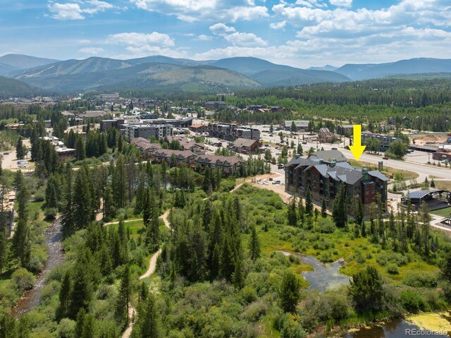 drone / aerial view with a mountain view and a view of trees