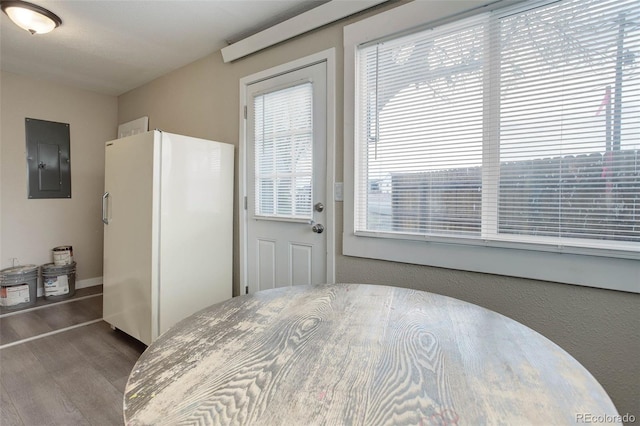 bedroom with dark wood-type flooring, multiple windows, and white refrigerator