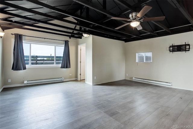 unfurnished room with ceiling fan, a baseboard radiator, and light hardwood / wood-style flooring