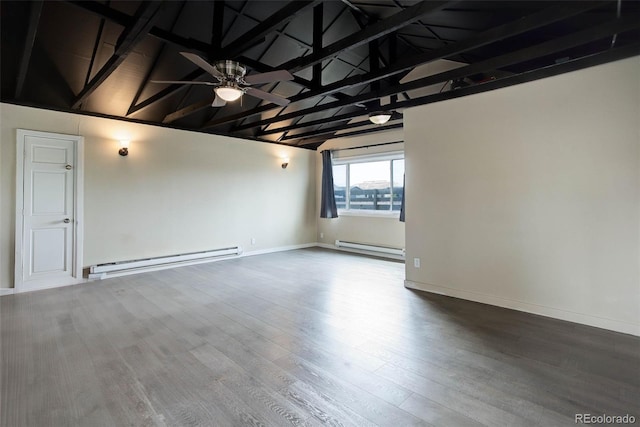 empty room with wood-type flooring, ceiling fan, lofted ceiling with beams, and a baseboard heating unit