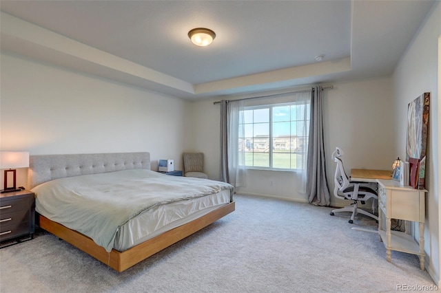 bedroom with carpet flooring and a tray ceiling