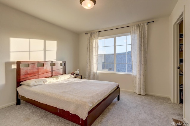 carpeted bedroom with a mountain view and vaulted ceiling