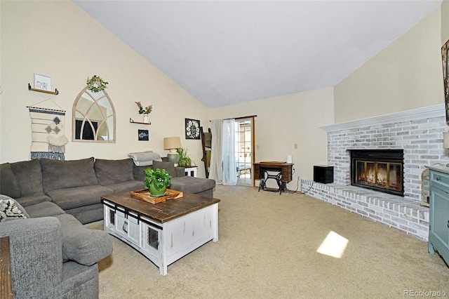 1673 Woodmoor Dr, Monument, CO 80132 - living room featuring vaulted ceiling, light carpet, and a fireplace
