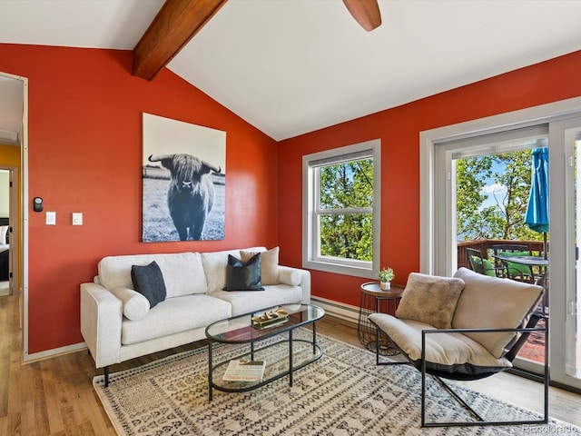 11650 Baca Rd, Conifer, CO 80433 - living room featuring a baseboard radiator, wood finished floors, baseboards, and a ceiling fan