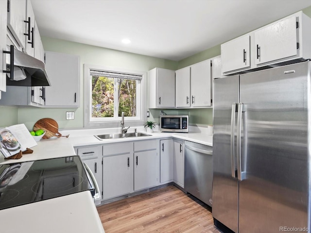 11650 Baca Rd, Conifer, CO 80433 - kitchen featuring appliances with stainless steel finishes, a sink, under cabinet range hood, light countertops, and recessed lighting