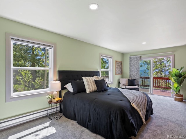 11650 Baca Rd, Conifer, CO 80433 - bedroom featuring access to exterior, carpet, baseboard heating, and recessed lighting