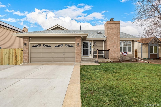 ranch-style house featuring driveway, fence, a front yard, a shingled roof, and a chimney