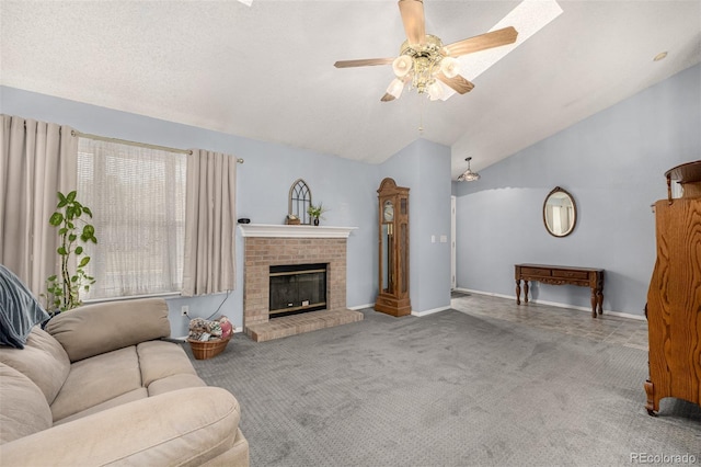 carpeted living area with baseboards, a fireplace, ceiling fan, vaulted ceiling, and a textured ceiling