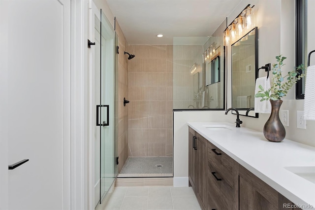 bathroom featuring tile patterned flooring, vanity, and walk in shower