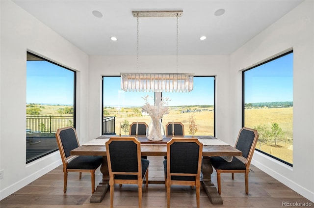 dining room with a rural view, a chandelier, and dark hardwood / wood-style floors