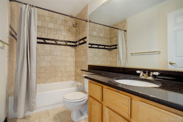 full bathroom featuring shower / bath combination with curtain, vanity, toilet, and tile patterned flooring