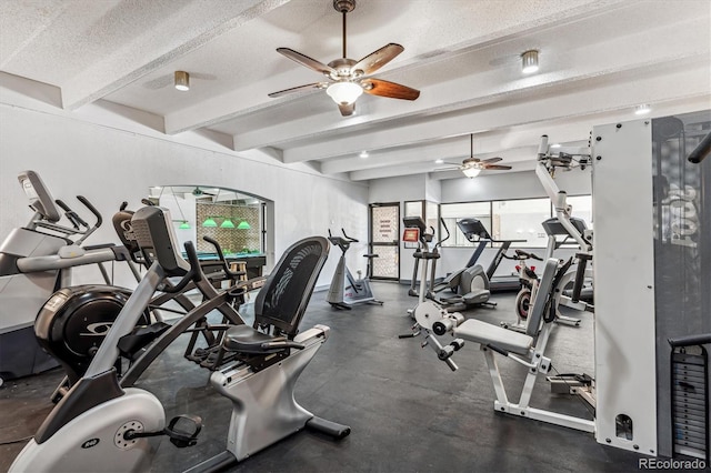 gym with a wealth of natural light, ceiling fan, and a textured ceiling