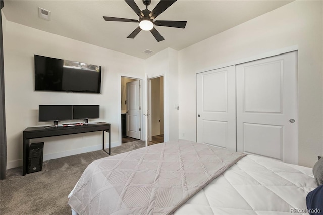 carpeted bedroom featuring a closet, visible vents, ceiling fan, and baseboards