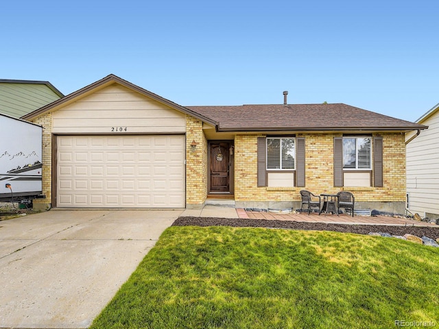 2104 Vineyard Dr, Castle Rock, CO 80104 - single story home featuring driveway, a front lawn, a garage, a shingled roof, and brick siding