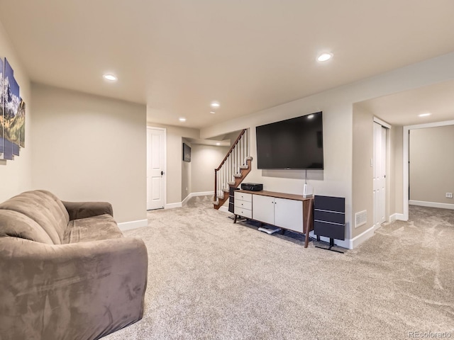 2104 Vineyard Dr, Castle Rock, CO 80104 - living area with carpet flooring, recessed lighting, and stairway