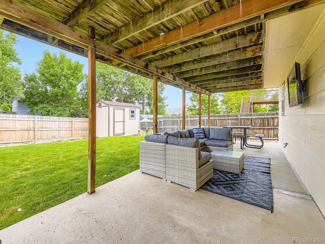 2104 Vineyard Dr, Castle Rock, CO 80104 - fenced backyard featuring outdoor lounge area, a shed, and a patio