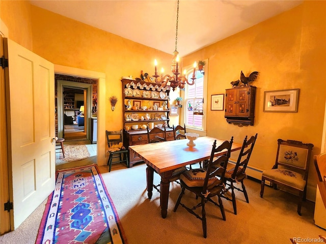 808 Rose St, Georgetown, CO 80444 - carpeted dining area with a chandelier and vaulted ceiling