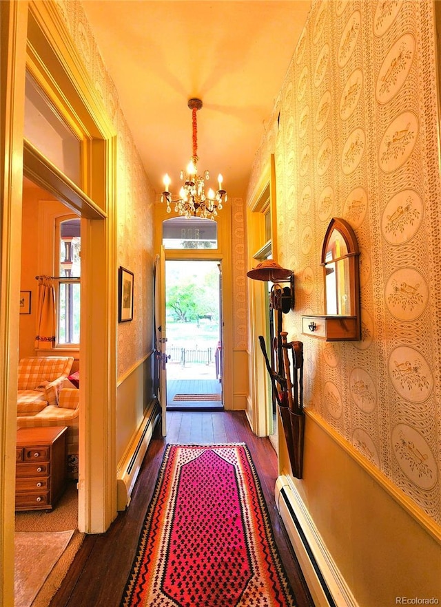 808 Rose St, Georgetown, CO 80444 - entryway featuring a chandelier, dark wood-style flooring, healthy amount of natural light, wallpapered walls, and wainscoting
