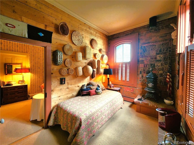 808 Rose St, Georgetown, CO 80444 - carpeted bedroom with ornamental molding, baseboard heating, and wooden walls