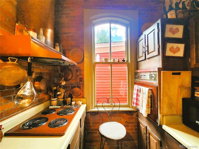 808 Rose St, Georgetown, CO 80444 - kitchen with extractor fan, electric cooktop, oven, and brick wall