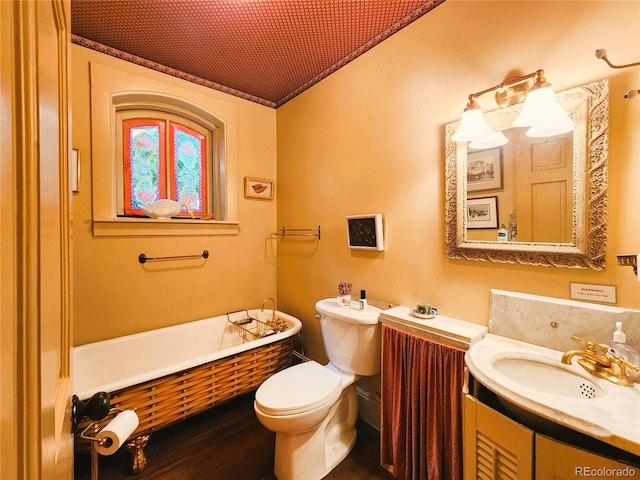808 Rose St, Georgetown, CO 80444 - bathroom with a soaking tub, vanity, and wood finished floors