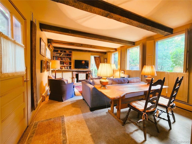 808 Rose St, Georgetown, CO 80444 - living room featuring beamed ceiling, light carpet, and built in shelves