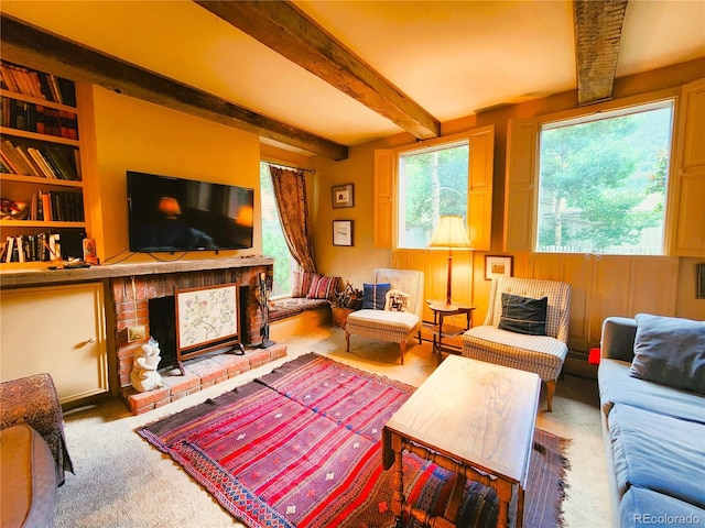 808 Rose St, Georgetown, CO 80444 - living area featuring a fireplace, beam ceiling, plenty of natural light, and built in shelves