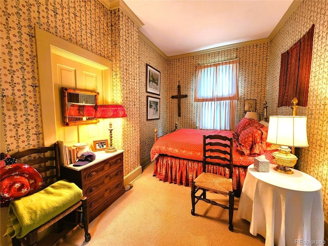 808 Rose St, Georgetown, CO 80444 - carpeted bedroom with wallpapered walls and ornamental molding