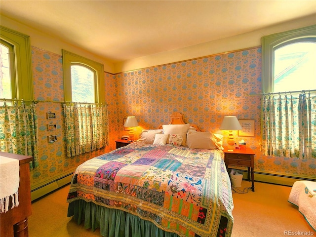 808 Rose St, Georgetown, CO 80444 - bedroom featuring baseboard heating, wallpapered walls, and carpet floors