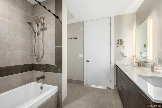 4200 W 17th Ave Unit 212, Denver, CO 80204 - full bath featuring tiled shower / bath combo, double vanity, and tile patterned flooring