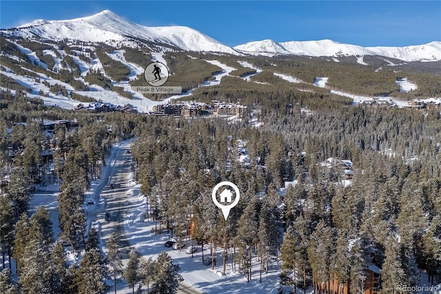 snowy aerial view featuring a mountain view and a wooded view