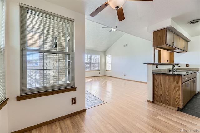 kitchen featuring ceiling fan, a textured ceiling, sink, light hardwood / wood-style flooring, and lofted ceiling