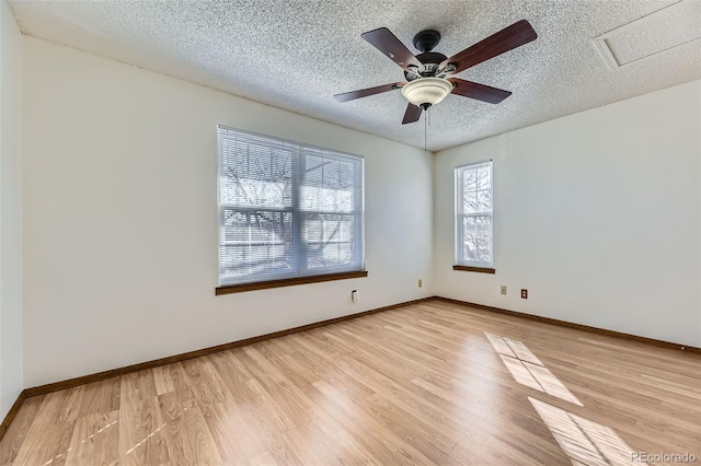 empty room featuring ceiling fan, light wood-type flooring, and a textured ceiling