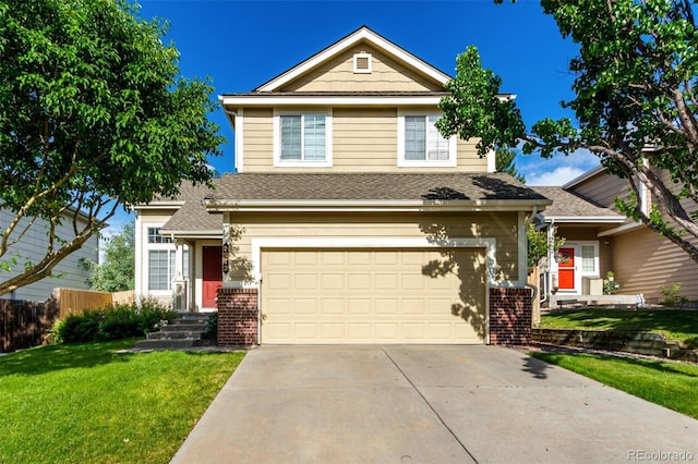 5972 S Zante Way, Aurora, CO 80015 - view of front of property featuring a garage, driveway, brick siding, and a shingled roof