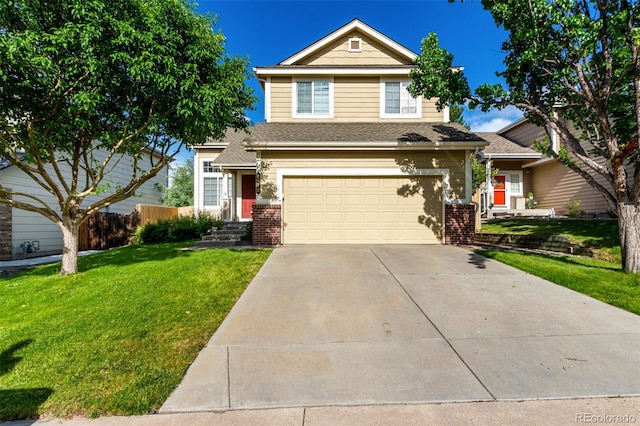 5972 S Zante Way, Aurora, CO 80015 - view of front of home with an attached garage, concrete driveway, a front yard, and brick siding