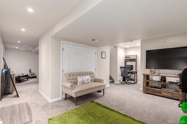5972 S Zante Way, Aurora, CO 80015 - living room with light carpet, recessed lighting, a desk, and stairway