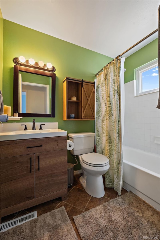 full bath with shower / bath combo, visible vents, toilet, tile patterned flooring, and vanity