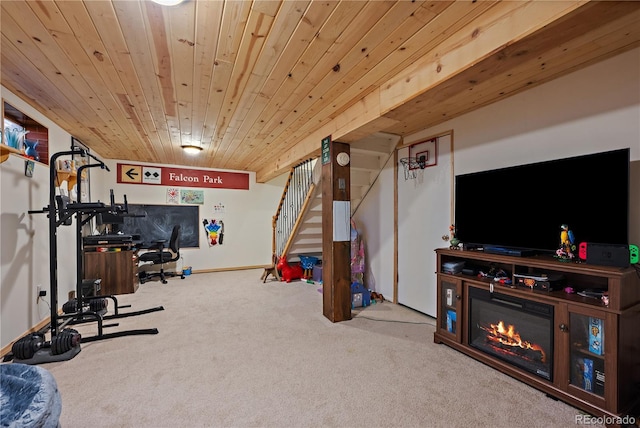 interior space featuring carpet and wood ceiling