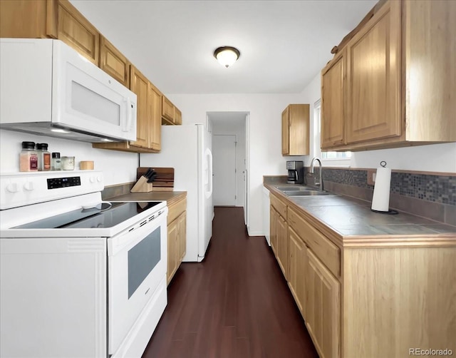 kitchen featuring white appliances, a sink, and dark wood-type flooring