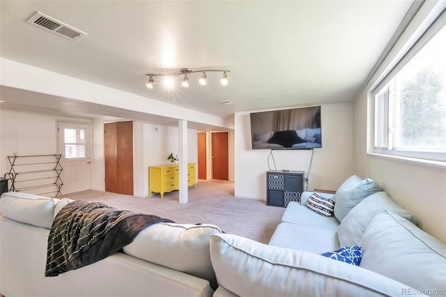 living area featuring carpet