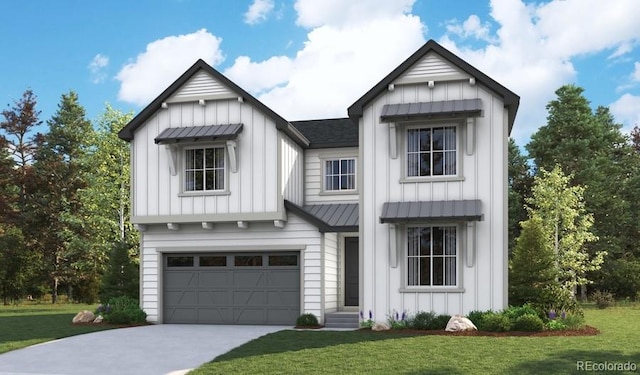 modern farmhouse style home featuring a standing seam roof, board and batten siding, concrete driveway, a front yard, and an attached garage