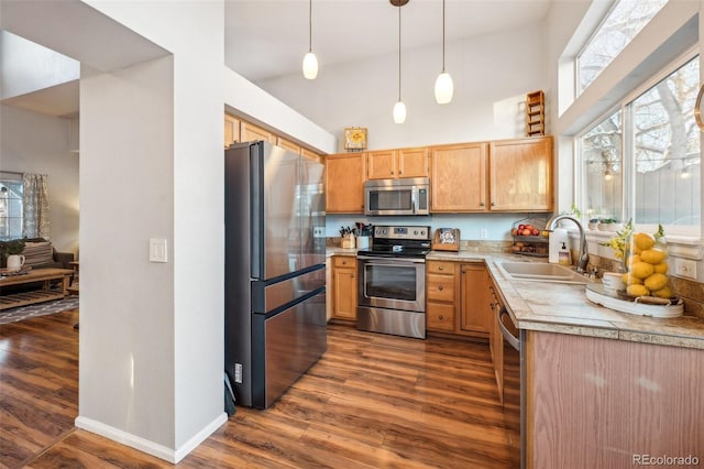 kitchen featuring a high ceiling, a sink, appliances with stainless steel finishes, dark wood-style floors, and decorative light fixtures