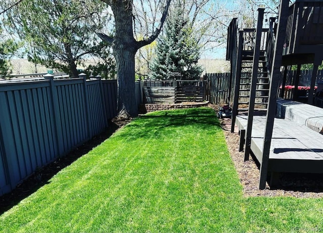 view of yard with stairway and a fenced backyard